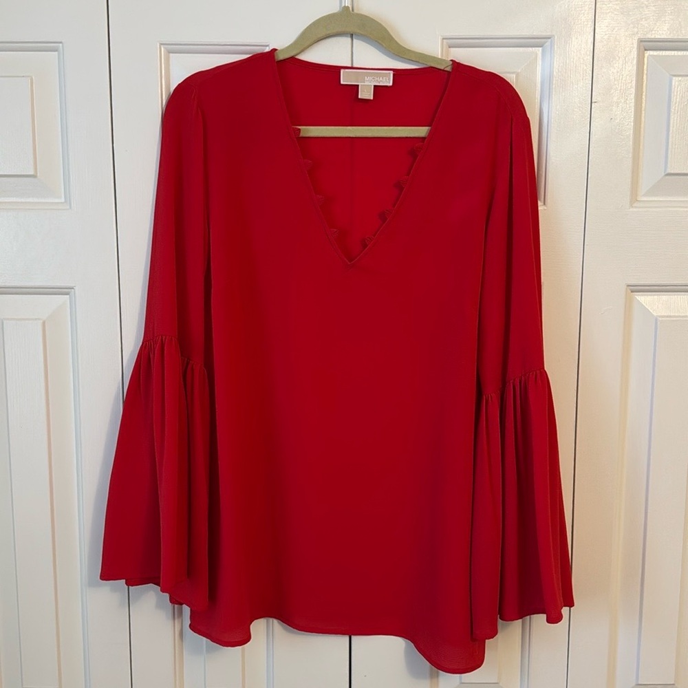 Michael Kors V-Neck Bell Sleeve Red Blouse
